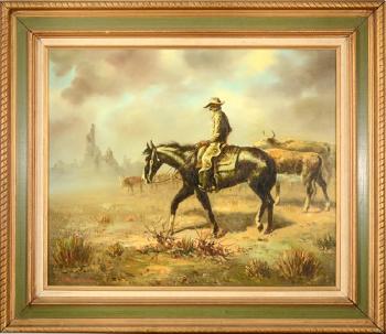 Riding the herd thru a dust storm by 
																			Charles Damrow
