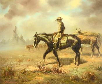 Riding the herd thru a dust storm by 
																			Charles Damrow