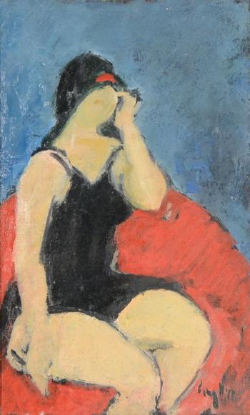 Woman sitting on a red chair by 
																			Gheorghe Vanatoru