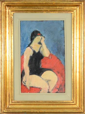 Woman sitting on red chair by 
																	Gheorghe Vanatoru