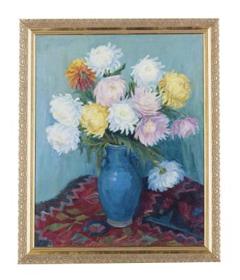 Chrysanthemums in a blue vase by 
																	Elena Abramyan