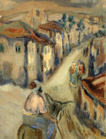 A figure on a donkey in the village by 
																	Shmuel Levy Ophel