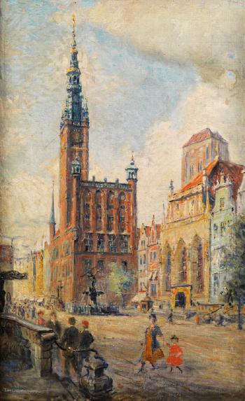 Stadtansicht von Danzig mit Rathaus, Rathausturm und Marienkirche im Hintergrund by 
																	Theodor Urtnowski