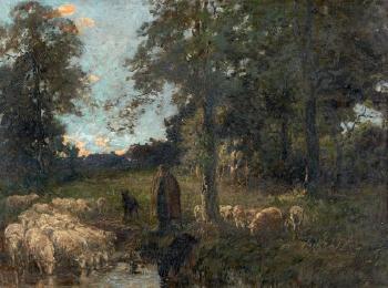 Bergère et ses moutons à l'abreuvoir by 
																	Adrien Gabriel Voisard-Margerie
