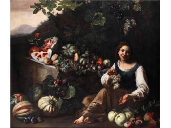 Grosses Früchtestilleben in Landschaft mit einem am Boden sitzenden, jungen Mädchen by 
																			Michelangelo Cerquozzi
