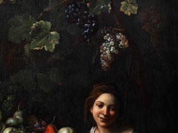 Grosses Früchtestilleben in Landschaft mit einem am Boden sitzenden, jungen Mädchen by 
																			Michelangelo Cerquozzi