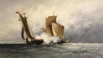 A naval combat by 
																	Jean Francois Jules d'Ivernois