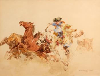 Hungarian horsemen driving a herd of horses (a pair) by 
																			Egon Wallburg