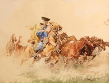 Hungarian horsemen driving a herd of horses (a pair) by 
																			Egon Wallburg