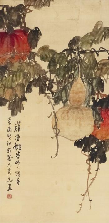 Gourds hanging from a leafy vine by 
																	 Bao Luoguang