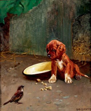 A puppy and a sparrow by 
																	Karl Uchermann
