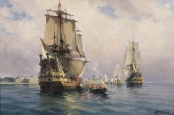 Fortified Harbor, Troops Disembarking from Galleons by 
																			Henri Miloch