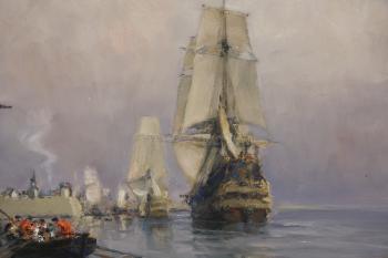 Fortified Harbor, Troops Disembarking from Galleons by 
																			Henri Miloch