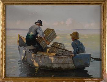 Father and son in a dory setting traps by 
																	Chester K van Nortwick