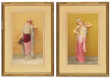 Woman With a Tambourine And Woman In Exotic Dress: A Pair Of Works by 
																	Louis Robert de Cuvillon