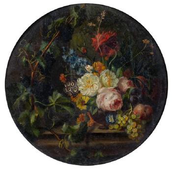 Fleurs et fruits sur un entablement by 
																	Moise Jacobber