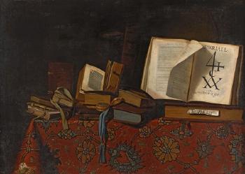 Vanité aux livres et manuscrits, et à la montre posés sur un tapis de table à motifs orientaux by 
																	 Pseudo-Roestraten