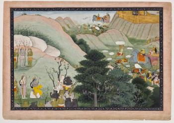An Illustration to a Ramayana Series: Rama and Lakshmana confer with the monkey army by 
																	 Guler School