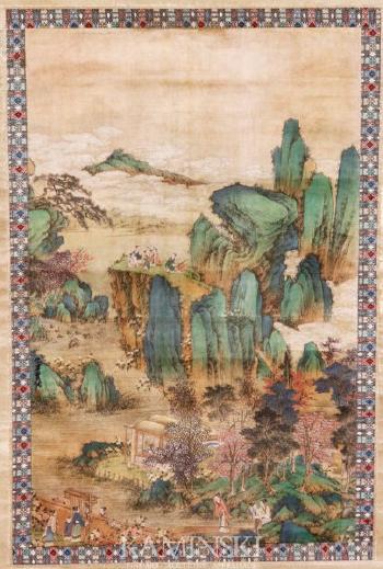 Residence in the foreground and figures engaging in various activities in the landscape scene by 
																			 Quo Ying