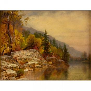 Mountain lake with rocky shoreline in autumn by 
																			Alexander Lawrie