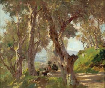 Figures on a sunlit path with goats by 
																			Carl Kappstein