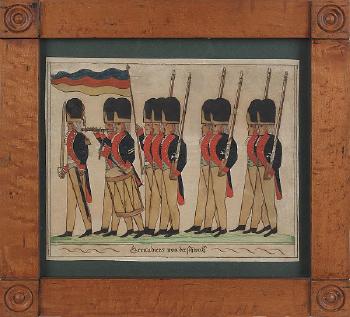 Swiss Grenadiers marching with typical squared off faces, some with instruments or rifles, one holding a flag and one a sword in red, black, and blue uniforms by 
																	Durs Rudy
