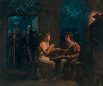 Miranda fait une partie d'échecs avec Ferdinand qu'elle accuse, en plaisantant, de tricher by 
																	Gillot Saint-Evre