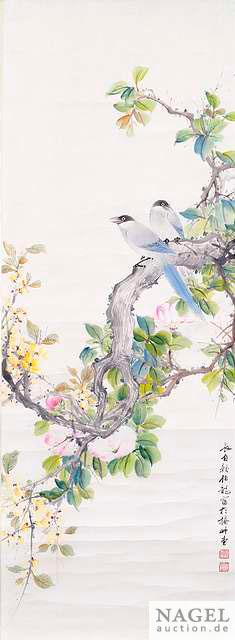 Vogelpaar auf Kassiabaum mit Rosenstrauch by 
																	 Yan Yunlin