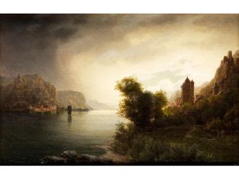 Flusslandschaft mit Burgen auf den Seitlichen Felshöhen by 
																			Otto Odebrecht