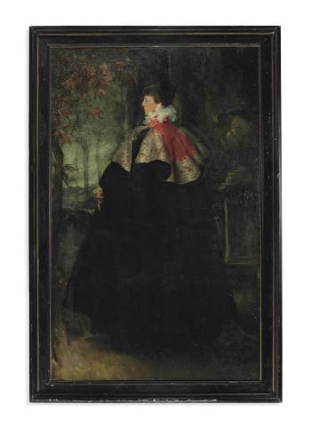 Portrait of Mrs Ian Hamilton, later Lady Hamilton, standing full-length, in a black 'Worth' cloak with a pink collar, on a terrace by 
																	Charles Wellington Furse