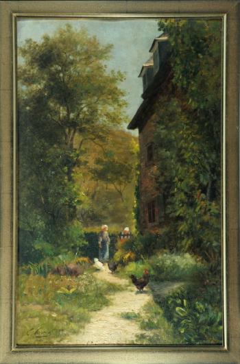 Haus mit zwei Personen und Hühnern im Hinterhof by 
																	Ernest Victor Hareux