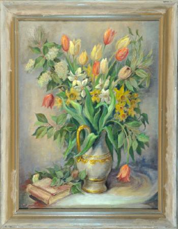 Stillleben mit Tulpen- und Narzissenstrauß in einem Krug by 
																	Carl Theodor Protzen