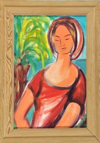 Halbportrait einer Frau im roten Kleid vor türkisblauem Wasser und Palme by 
																	Ruth Underberg