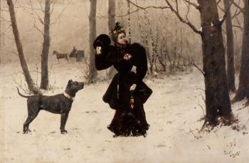 Charmante sortant sa chienne en forêt hivernale by 
																	Felix Janse