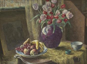 Tulips and fruit on a tabletop by 
																	Dorothy Ochtman