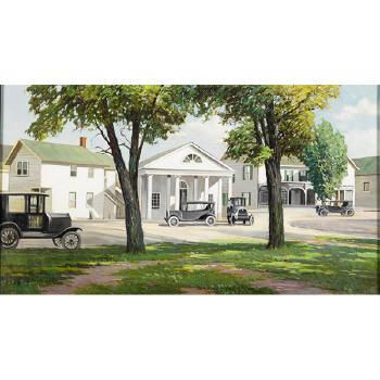 A village green with antique automobiles by 
																	Harry D Froot