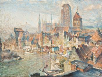 Hafenansicht von Danzig mit Blick auf die Marienkirche by 
																	Theodor Urtnowski