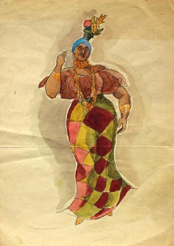 Studies of Life Guard Capacabana. Woman with Blue Skirt. Man Holding Boat Over His Head. Woman with Fruit Hat, from Carnival, Rio de Janeiro, Brazil by 
																			Robert Lee Eskridge