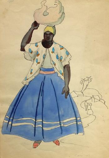Studies of Life Guard Capacabana. Woman with Blue Skirt. Man Holding Boat Over His Head. Woman with Fruit Hat, from Carnival, Rio de Janeiro, Brazil by 
																			Robert Lee Eskridge