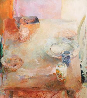 Still life with plate and blue cup by 
																	Carol Fremlin