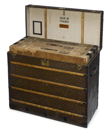 A rare custom Louis Vuitton printed canvas, enameled metal and wood art trunk by 
																			Louis Vuitton