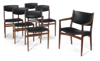 A set of six Danish teak and leather dining chairs by 
																	 JCA Jensen