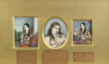 Three portraits of consorts of the Mughal Emperor Akbar (reg. 1806-37): Shankar Begum, of the harem; Akhtar Mahal, his Persian wife; Asafar Mahal by 
																	 Asmuddin