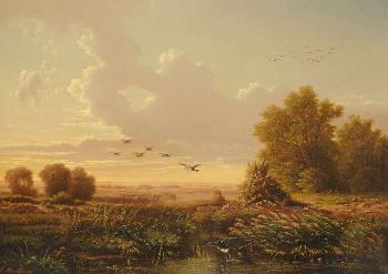 Fliegende Enten über dem Dachauer Moos by 
																	Carl Hafner