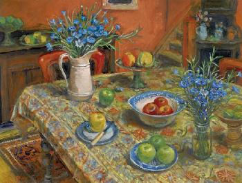 Yellow Tablecloth With Cornflowers by 
																	Margaret Hannah Olley