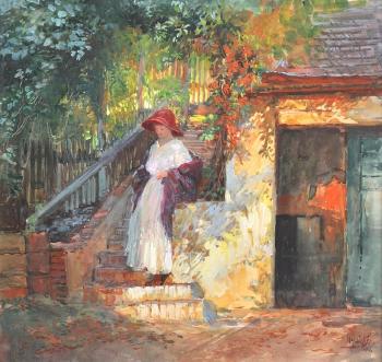 A young lady, walking down some steps by a country cottage by 
																	Horazio Gaigher
