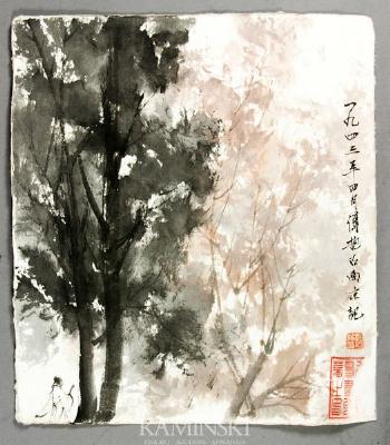 Figure in a landscape with trees by 
																			 Fu Baoshi
