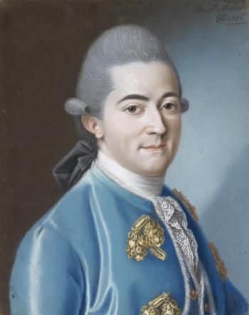 Portrait of Monsieur Beeherfer de Vaugency, bust-length, in a blue embroidered coat; and Portrait of Madame Beeherfer de Vaugency, née de Courtaguou, bust-length, in a pink silk dress and matching headdress by 
																			Joseph de Saint-Michel