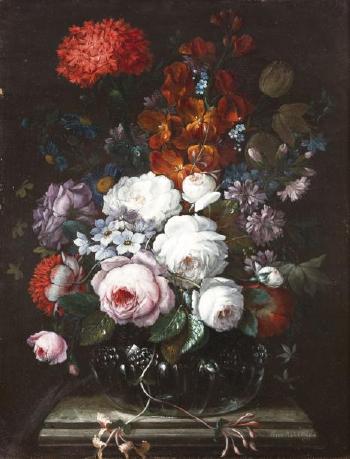 Vase de fleurs posé sur un entablement by 
																	Johann Baptist Halszel