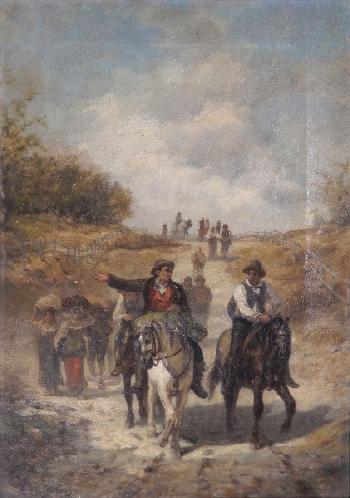 Cavaliers et femmes à pied cheminant by 
																	Andre-Marius Guindon